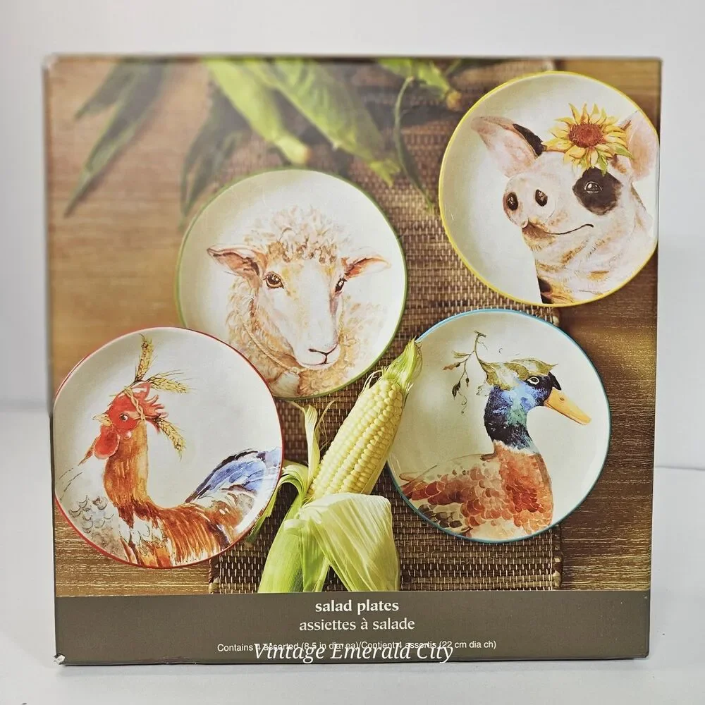Vtg Pier 1 Imports Farm Animal Salad/Dessert Plates Hand Painted Set of 4 in Box